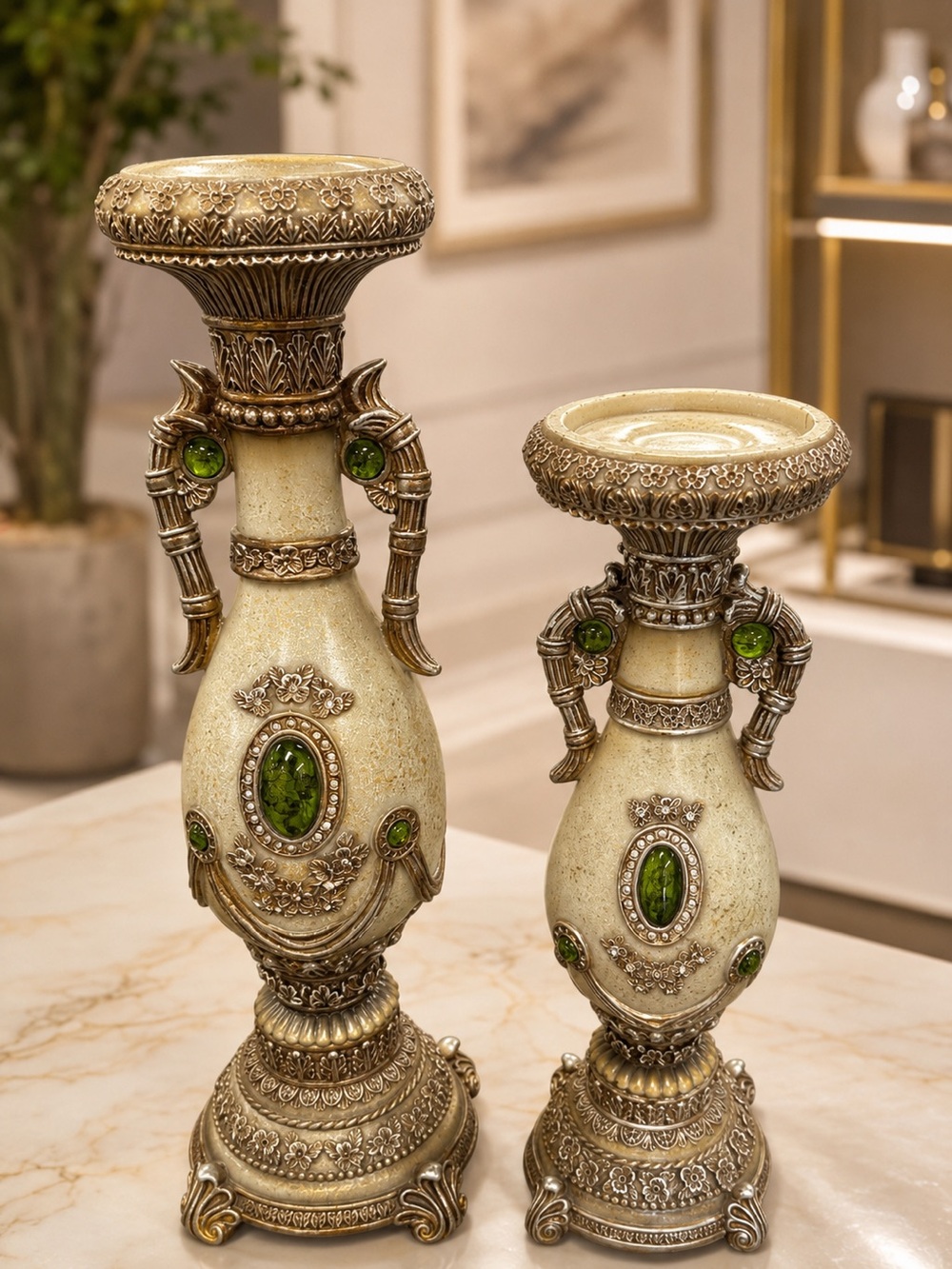 Elegant Gold & Cream Decorative Candlestick Set with Green Gem Accents